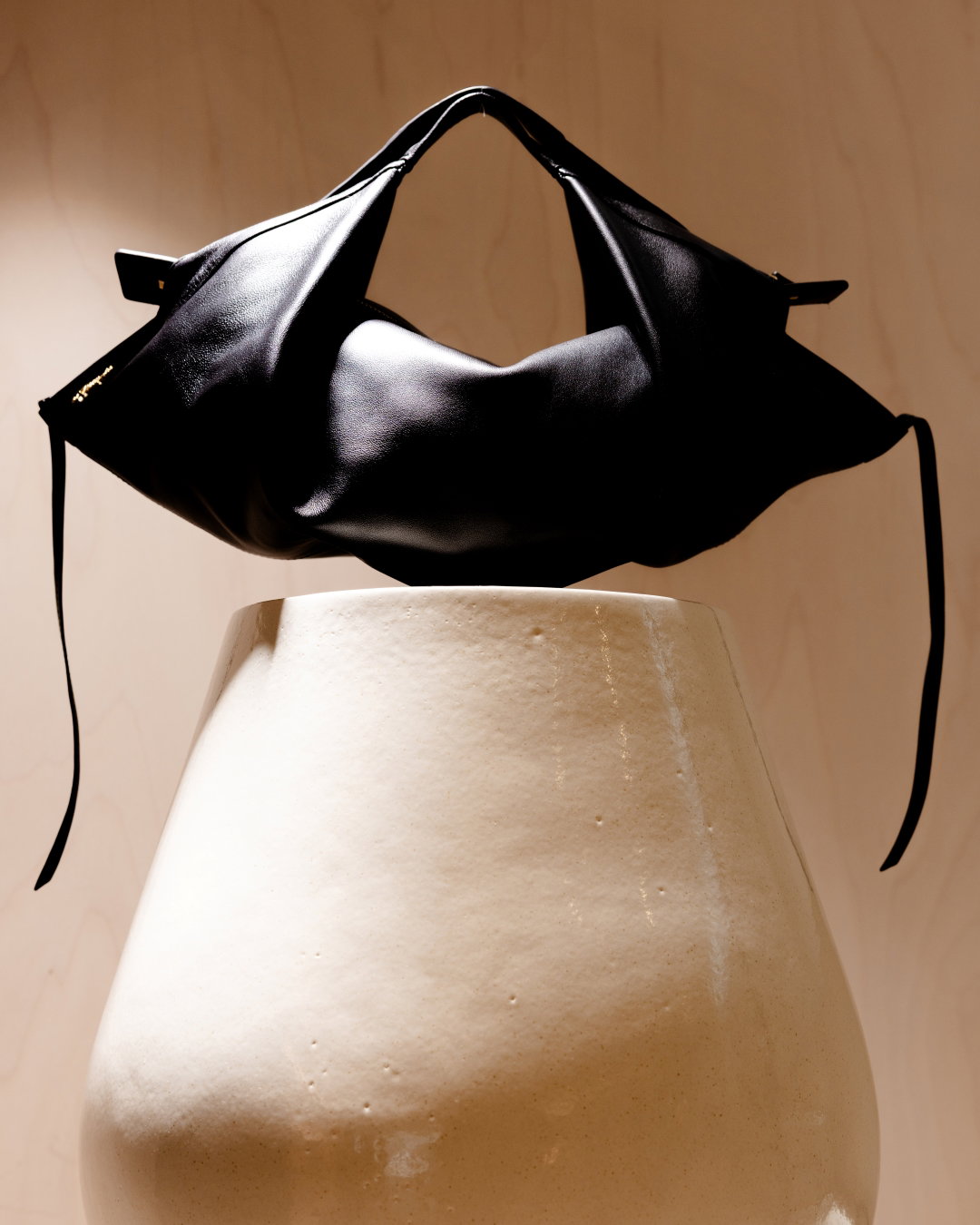an image of two black bags on a stand on a white surface