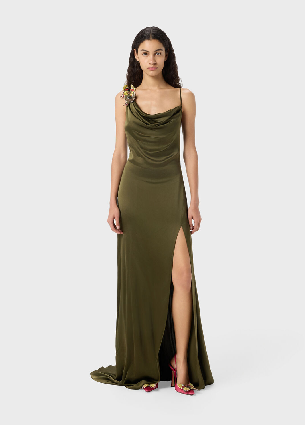 Long satin dress with butterfly and slit