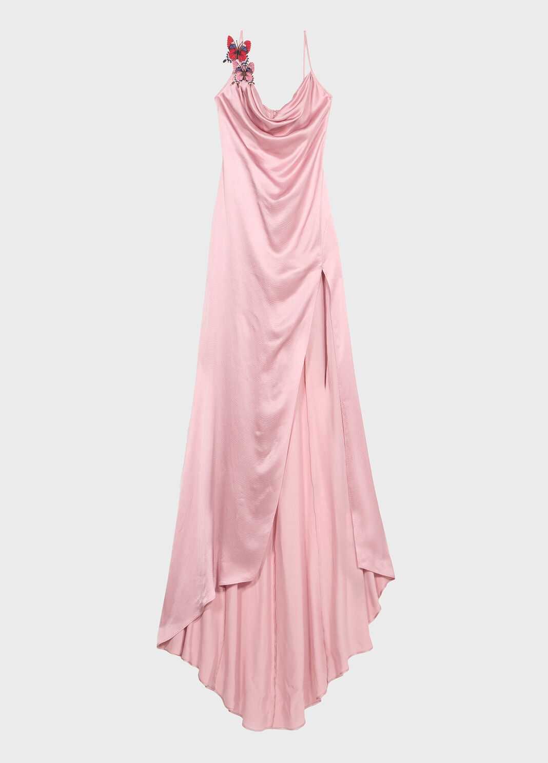 Long satin dress with butterfly and slit