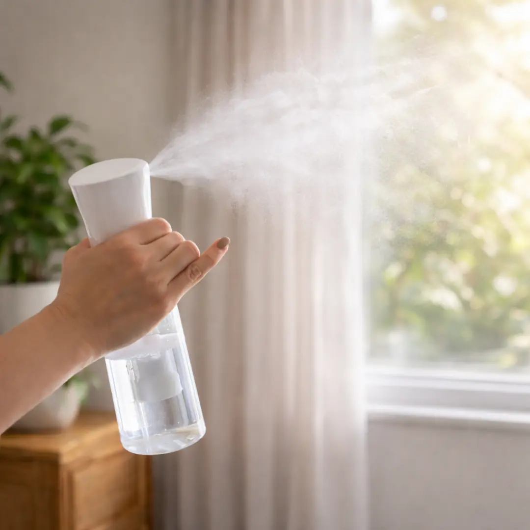 Hand holding a clear modern spray bottle dispensing a fine mist near sheer curtains and green foliage