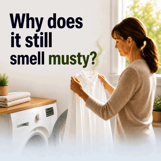 A woman holding a white shirt with green wavy lines emanating from it, indicating a musty smell. She is standing next to a washing machine with folded towels on top. The text on the image reads "Why does it still smell musty?" (square)