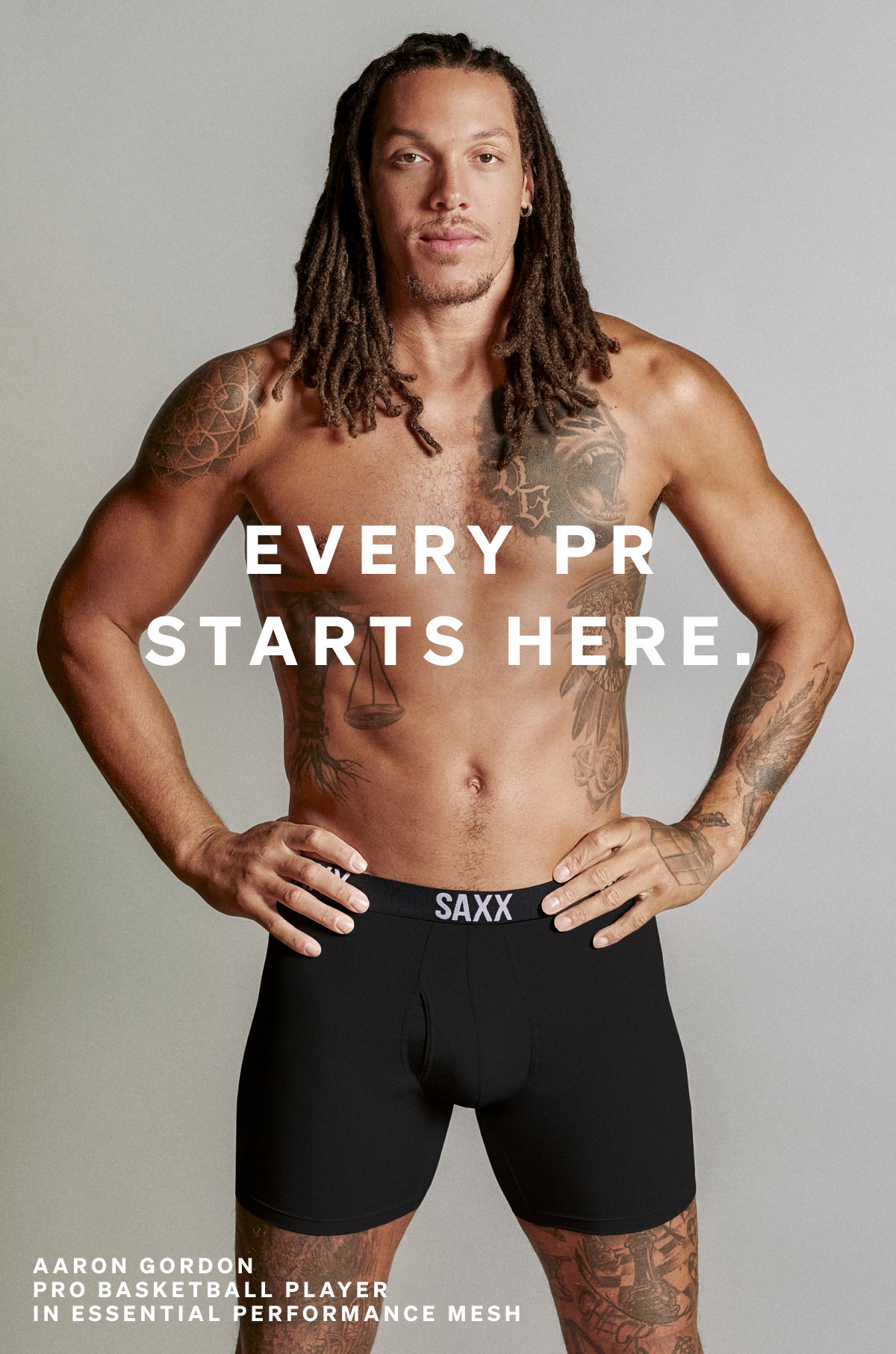 Pro Basketball player Aaron Gordon wearing SAXX Essential Performance boxer brief with “Every PR Starts Here” text overlay.