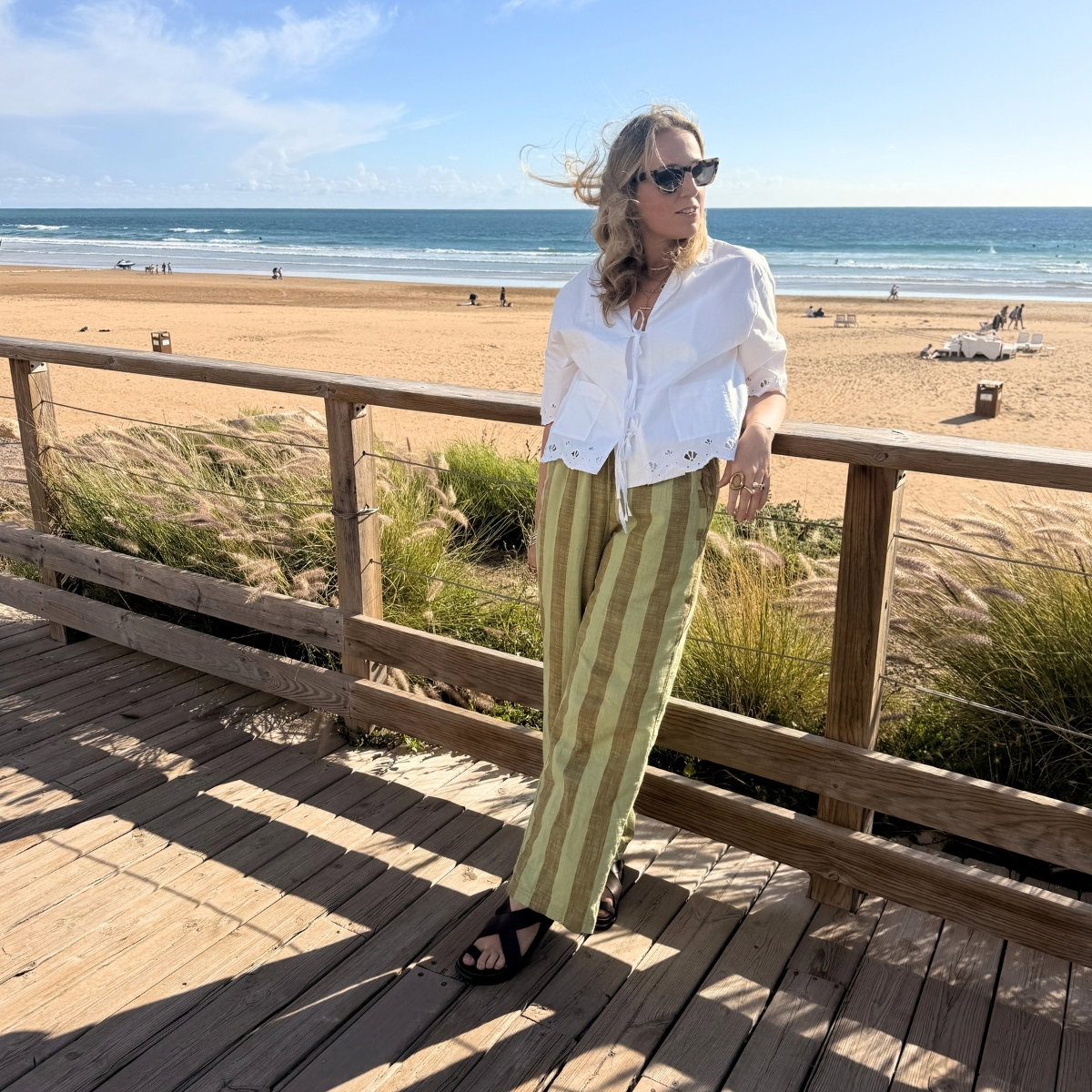 Cotton Trousers in Green Stripe