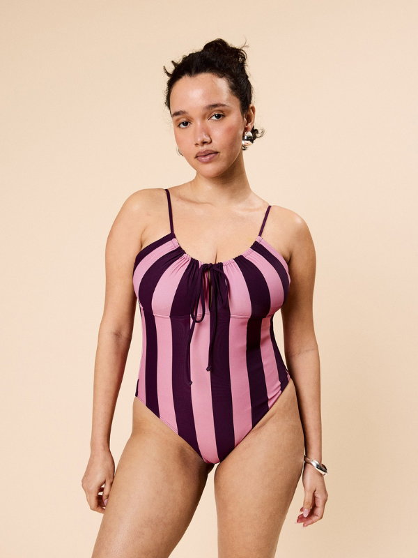 Gathered Swimsuit Pink & Burgundy Stripe Regular price