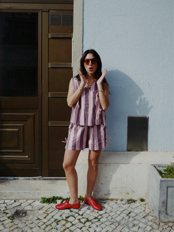 Cotton tie top in pink and burgundy stripe