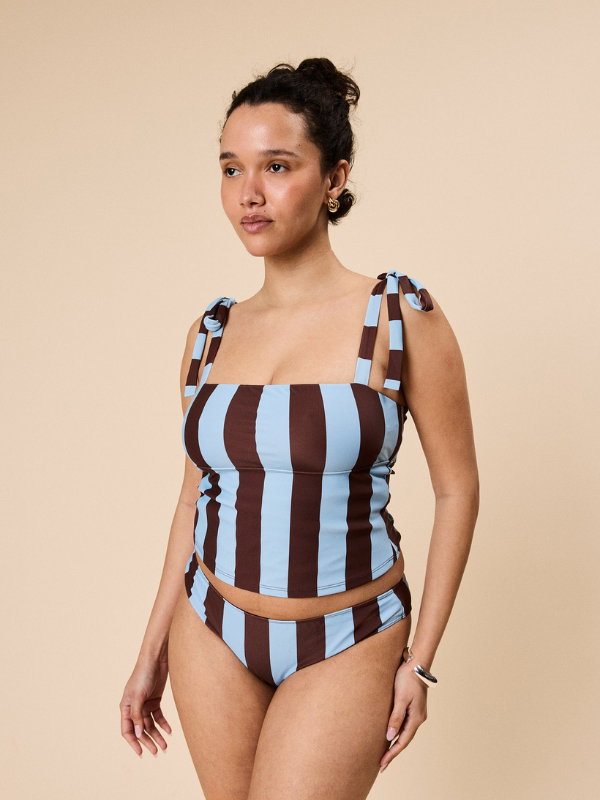 Bow tankini top in blue and brown stripe