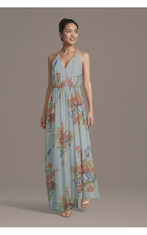 Floral Chiffon Plunge A-Line Dress