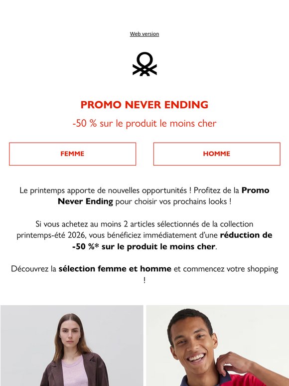 Promo Never Ending : -50 % sur le produit le moins cher