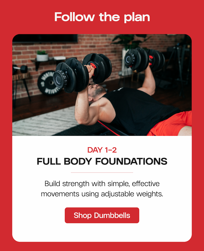 Follow the plan  -  Day 1–2: Full Body Foundations Build strength with simple, effective movements using adjustable weights.