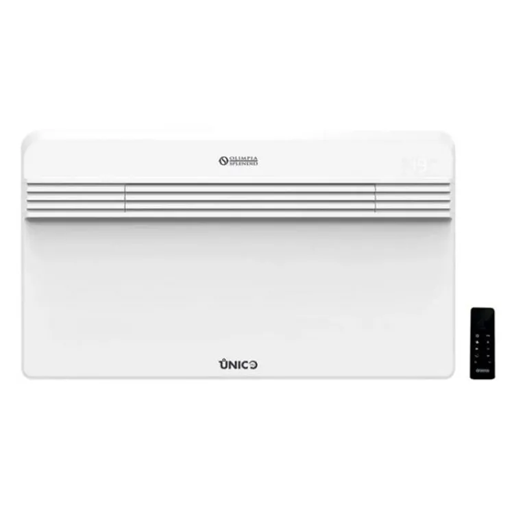 White Unico wall-mounted electric convector heater with horizontal vents and black remote control, front view