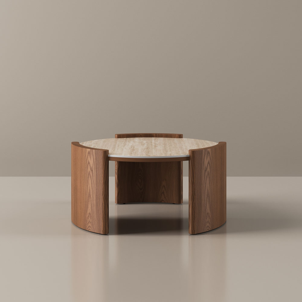 Image of Round Matte Sintered Stone Tabletop Coffee Table,  Mid-Century Modern Tripod Table,  FSC-Certified MDF, Easy Assembly, Walnut