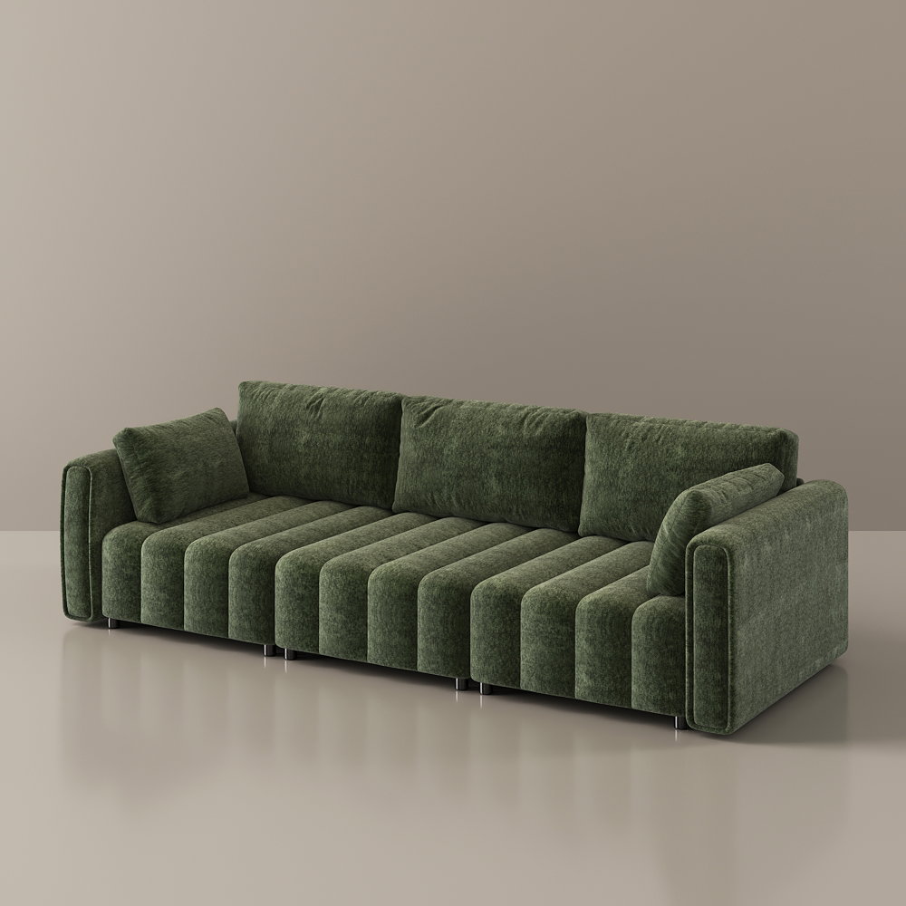 Image of Retro Hand-Tufted Green Chenille Sofa, Lounge-Ready, Comfortable Couch for Living Room