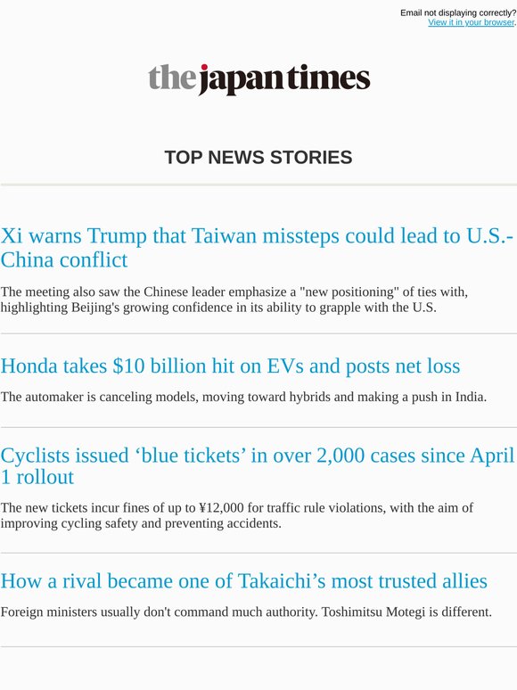 Today's top news: Xi warns Trump that Taiwan missteps could lead to U.S.-China conflict