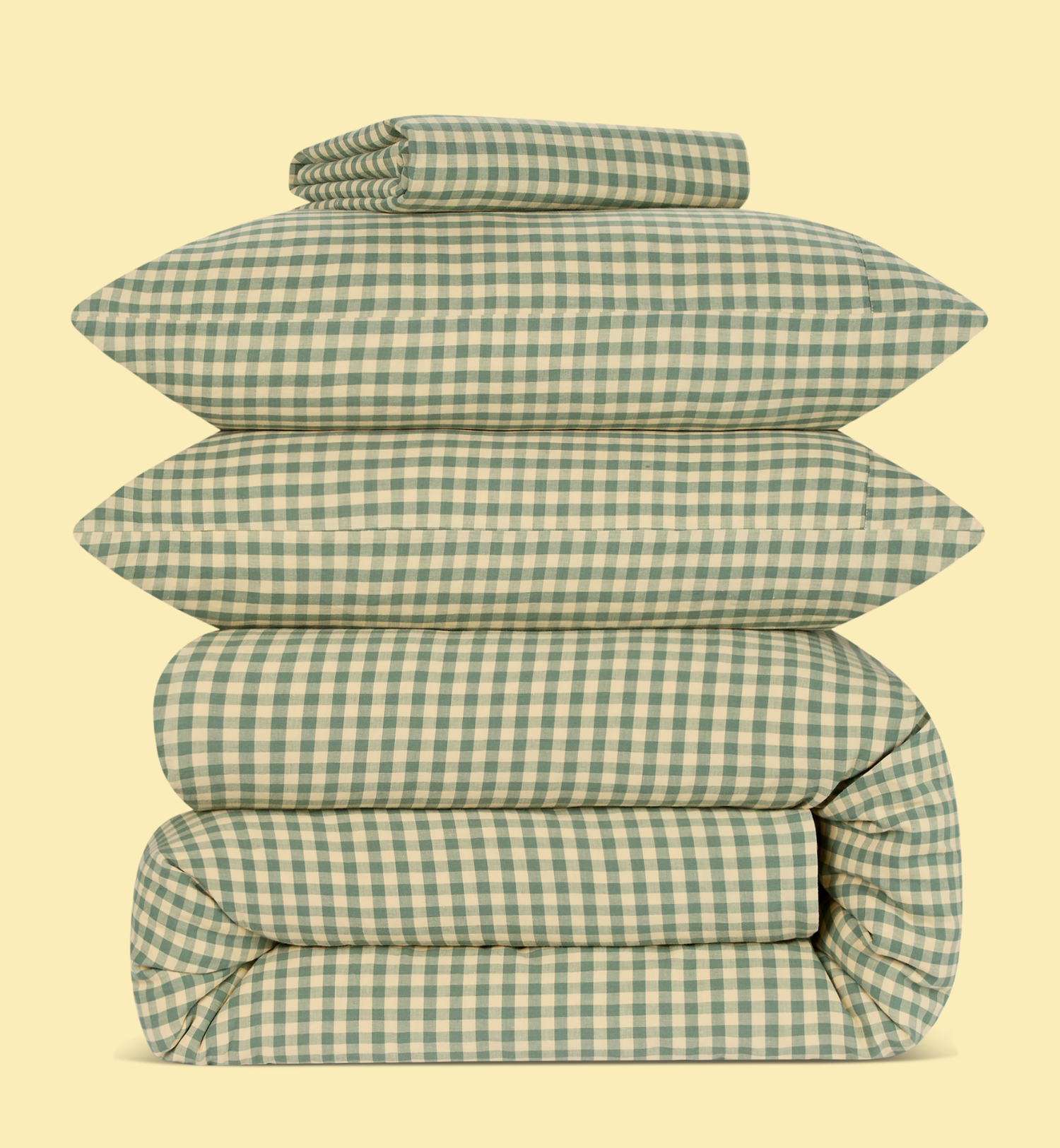 Elm Green & Butter Yellow Color Drenched Gingham Linen Blend Duvet Cover
