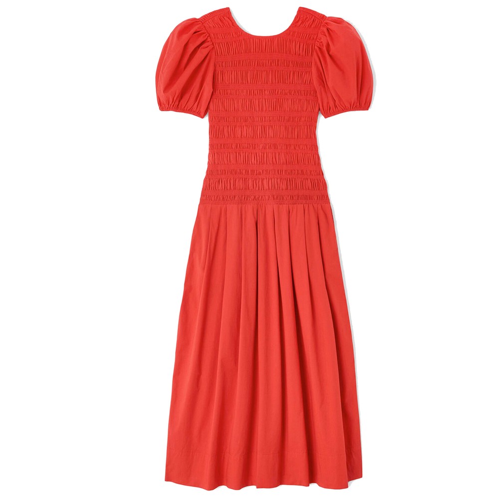 Image of Long Smocked Organic Cotton Pleated Dress - Goji Berry