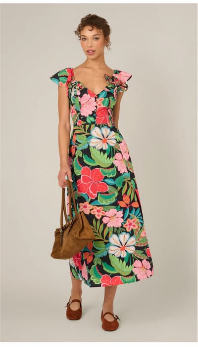 3D Tropical Floral Cotton A Line Midi Dress In Black Multi