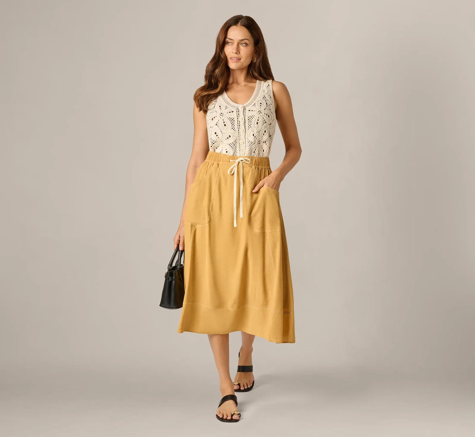 Image of Drawstring Crinkle A Line Midi Skirt In Golden Maize Ivory