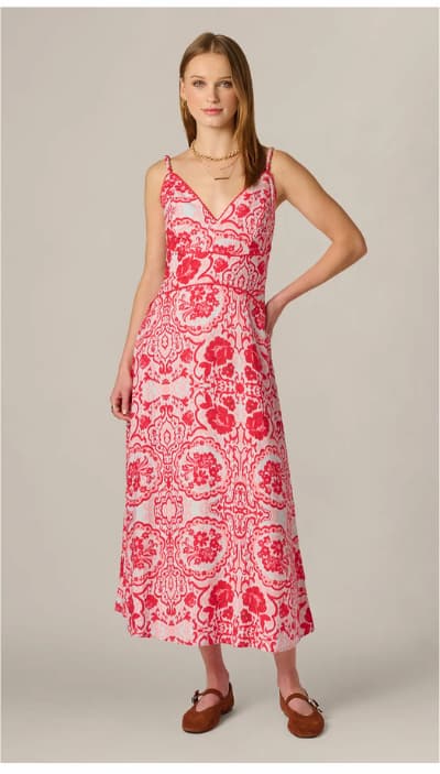 Crochet Trim Ikat Print Midi Sundress In Red Blue