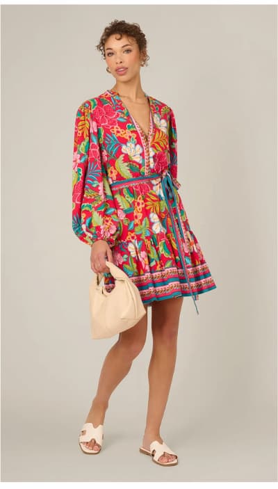 Bishop Sleeve Tropical Floral Short Dress In Red Multi