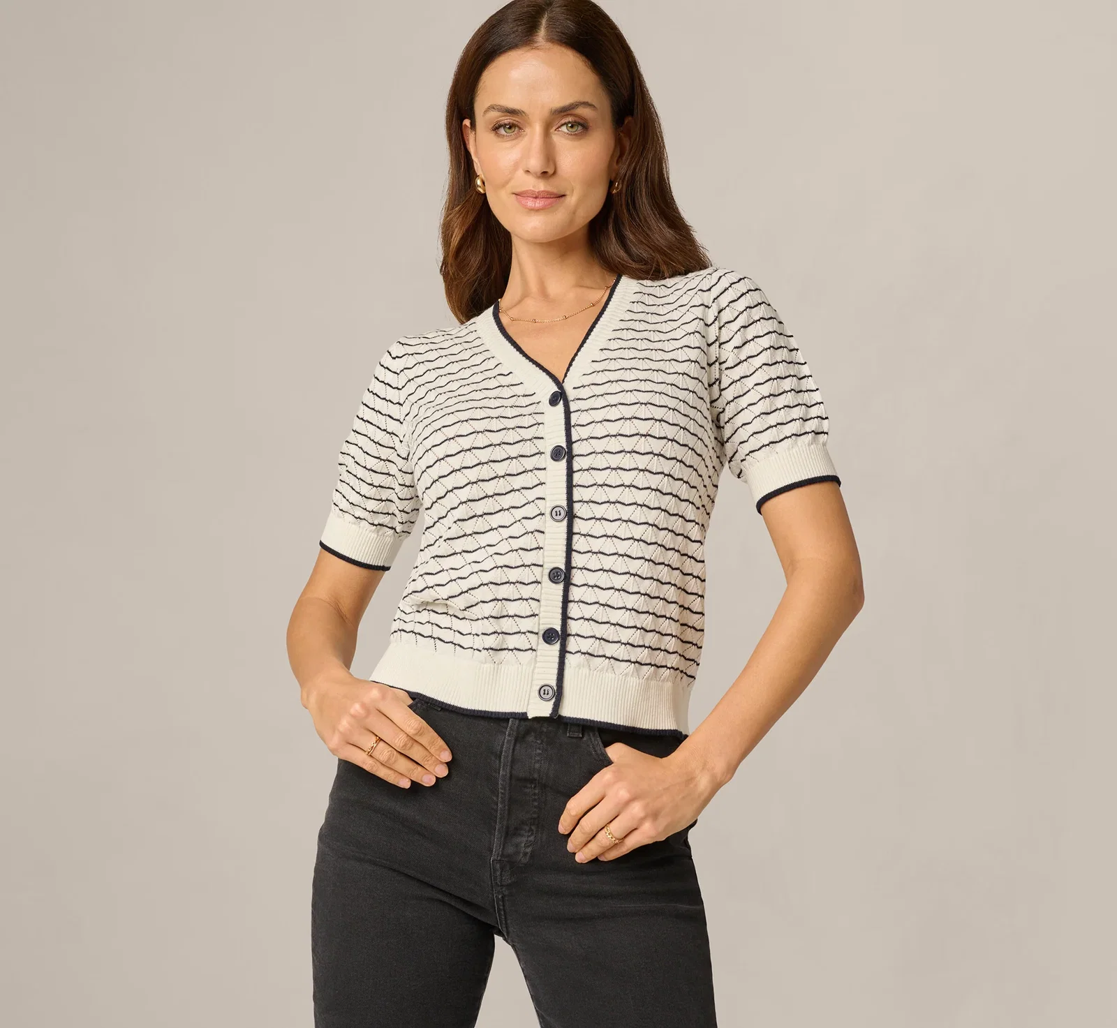 Image of Short Sleeve Open Pointelle Knit Cardigan Sweater In Ivory Navy