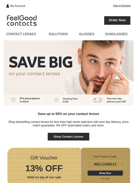 Save up to 50% on Contact Lenses