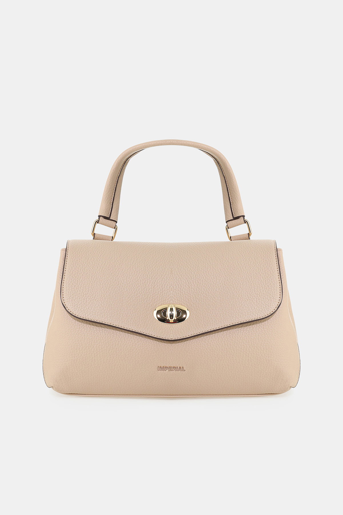 Beige pebble-leather top-handle handbag with gold twist-lock clasp and structured silhouette