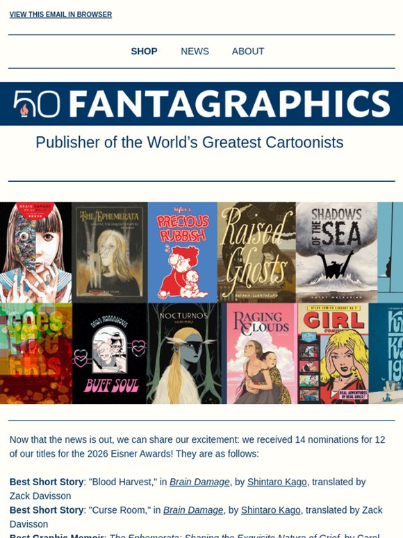 The Fantagraphics 2026 Eisner Awards nominees are in!