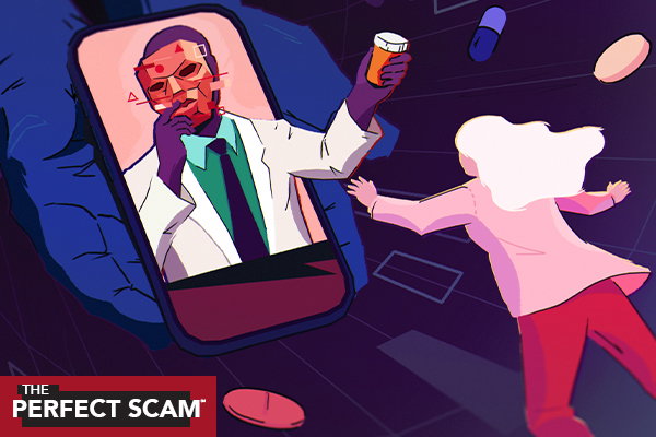 doctor coming out of phone screen with a bottle of pills in his hand
