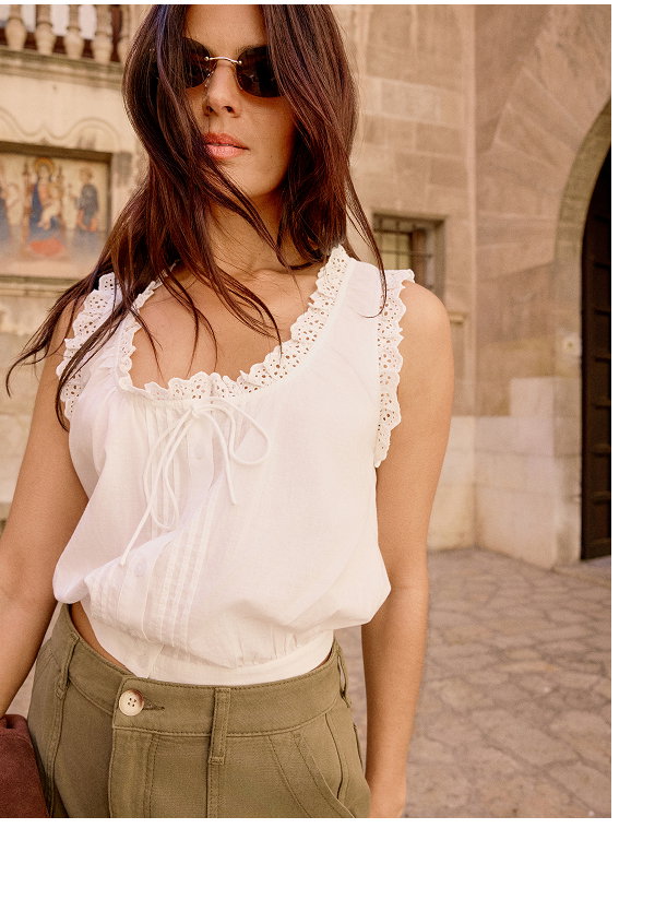White Broderie Lace Trim Scoop Neck Blouse