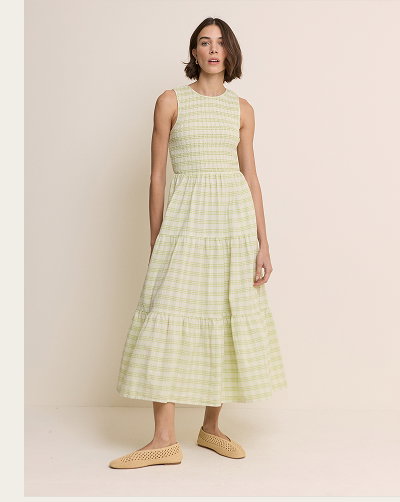 Green Checked Shirred Sleeveless Charlie Midi Dress