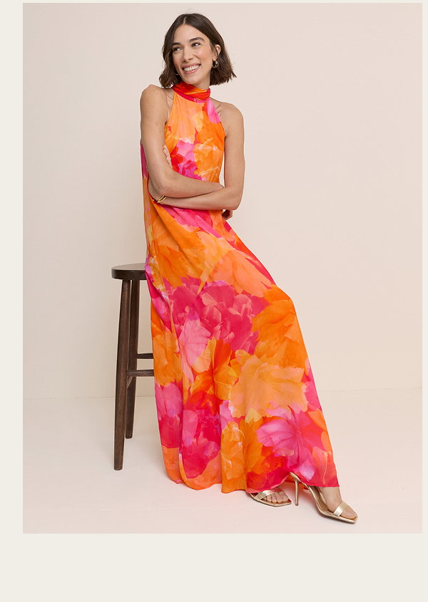 Pink and Orange Floral Halterneck Nala Maxi Dress