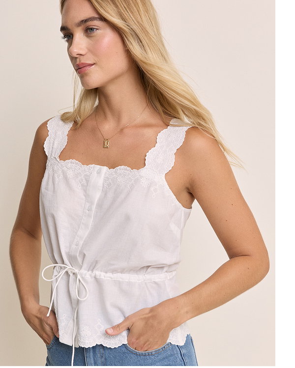 White Broderie Anglaise Scallop Trim Cami Top