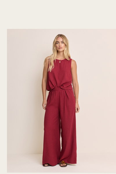 Burgundy Linen-Blend Wide Leg Jerrow Trousers