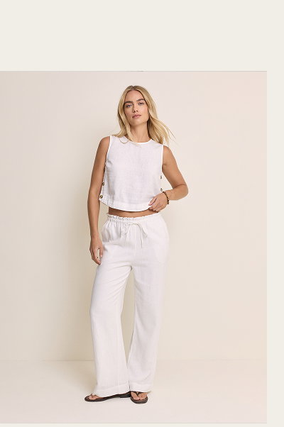 White Linen-Blend Straight Leg Trousers 