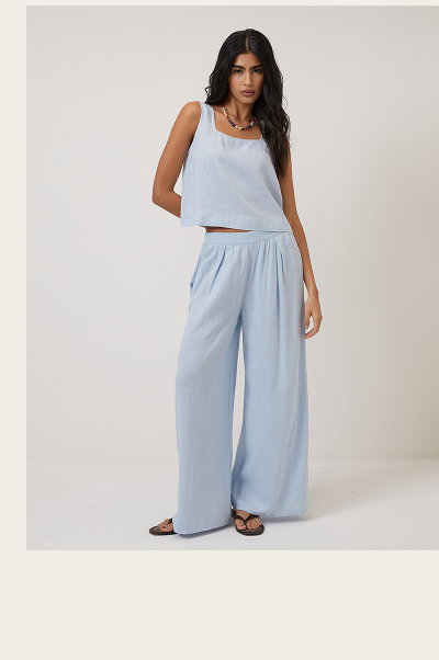Light Blue Linen-Blend Wide Leg Trousers