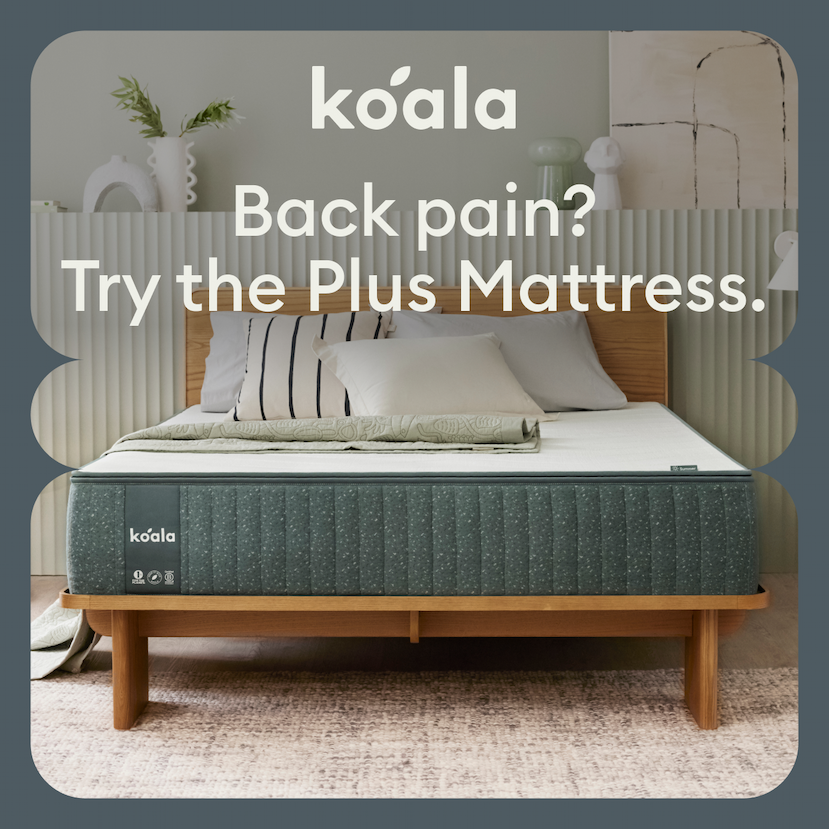 The Koala Plus Mattress on a timber base, featuring Kloudcell cushioning and extra spinal support for a deeper sleep.