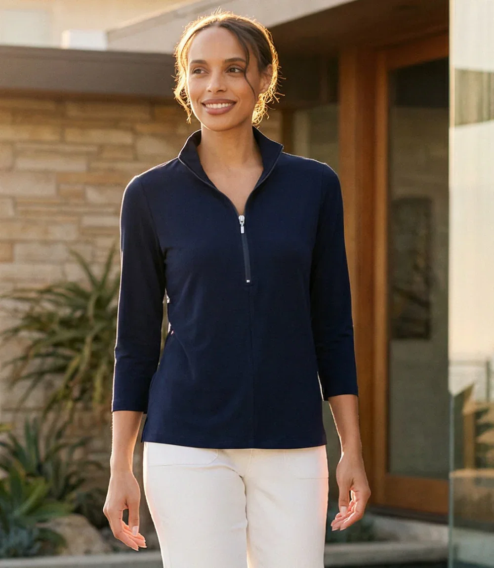 Image of 3/4 Sleeve Zip-Up Travel Jersey Top