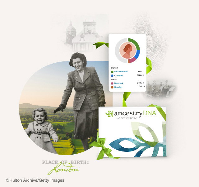 AncestryDNA kit and a photo of a mother in the 1940s chasing her son.