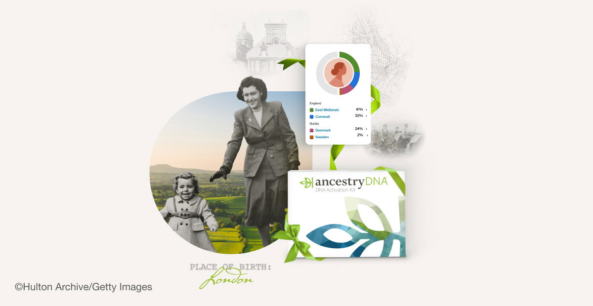 AncestryDNA kit and a photo of a mother in the 1940s chasing her son.