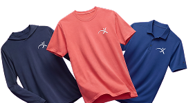 A navy long sleeve performance shirt, a coral t-shirt, and a blue polo shirt.