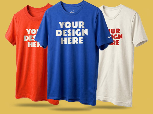 Three t-shirts all different colors, orange, blue, and white with your design here text.