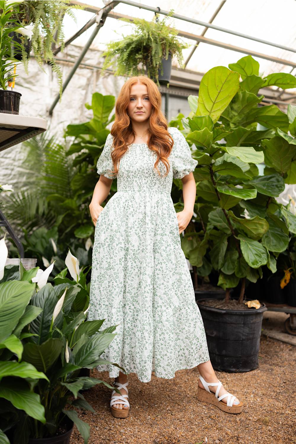 Image of Smocked Floral Maxi Dress for Women in Ivory/Green | LD646L-IRYGRN