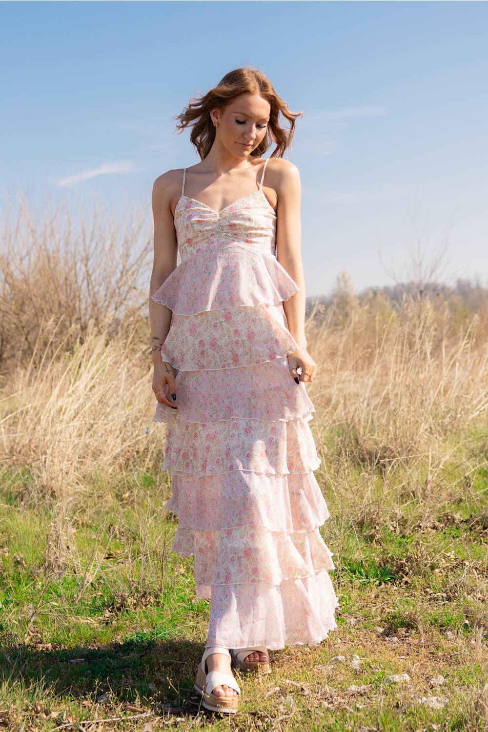 Image of Tiered Floral Ruffle Maxi Dress for Women in Pink Multi | A2207DG-PINKMULTI