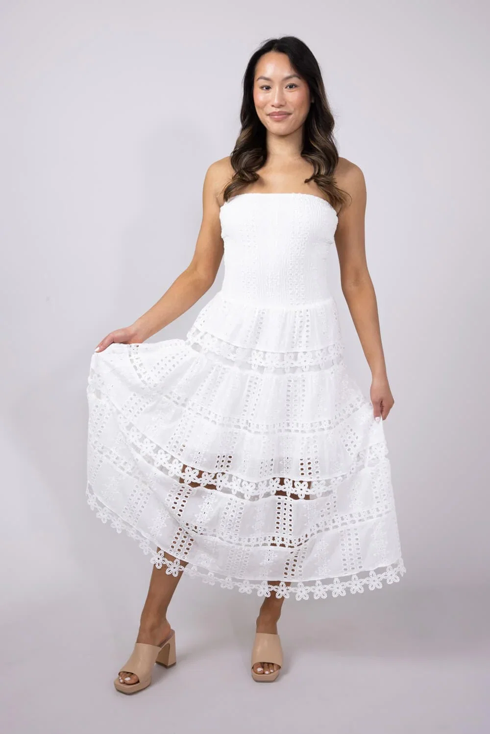 Image of Eyelet Lace Strapless Midi Dress for Women in White | D-2192-H-WHT