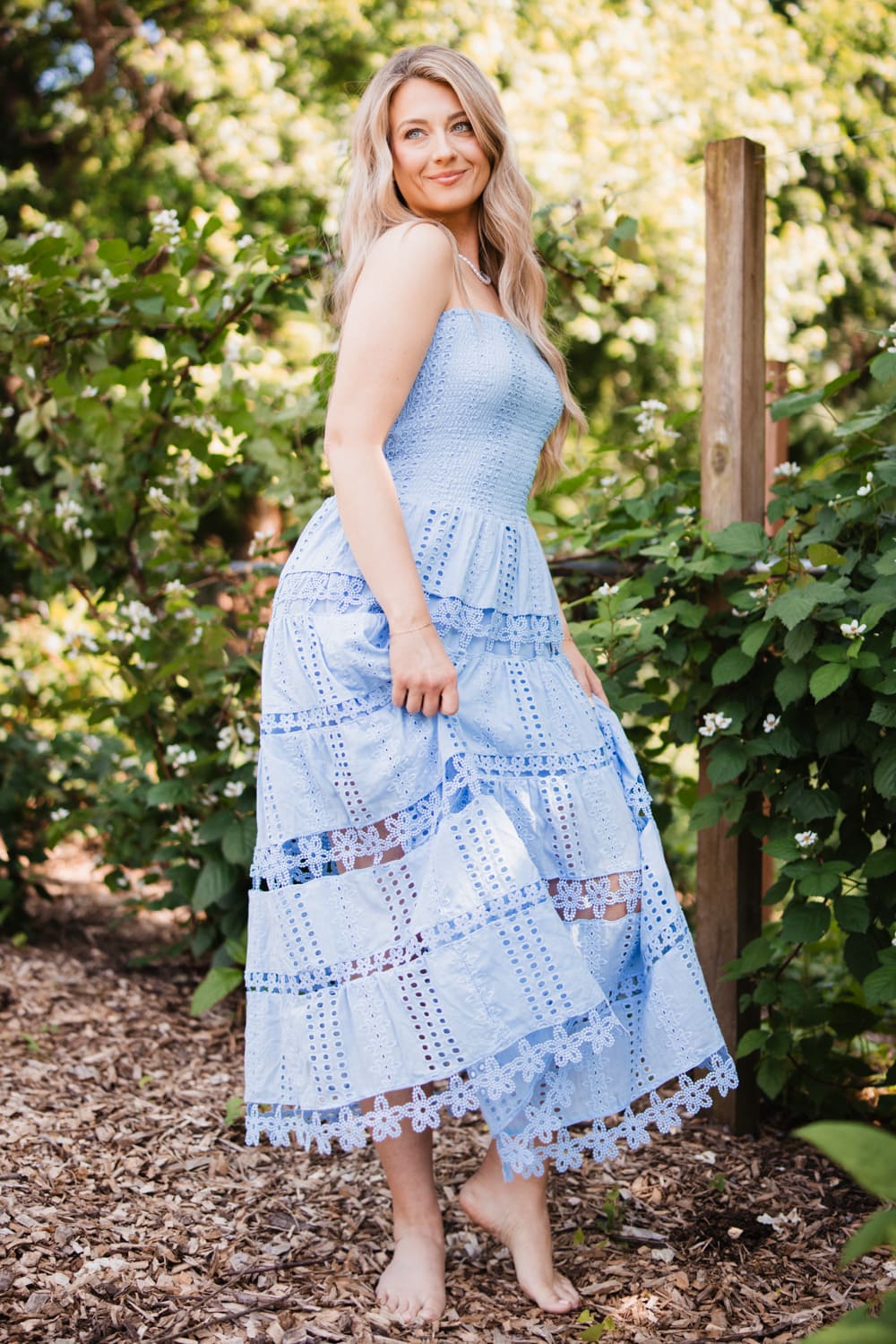 Image of Eyelet Lace Strapless Midi Dress for Women in Chambray Blue | D-2192-H-CHM