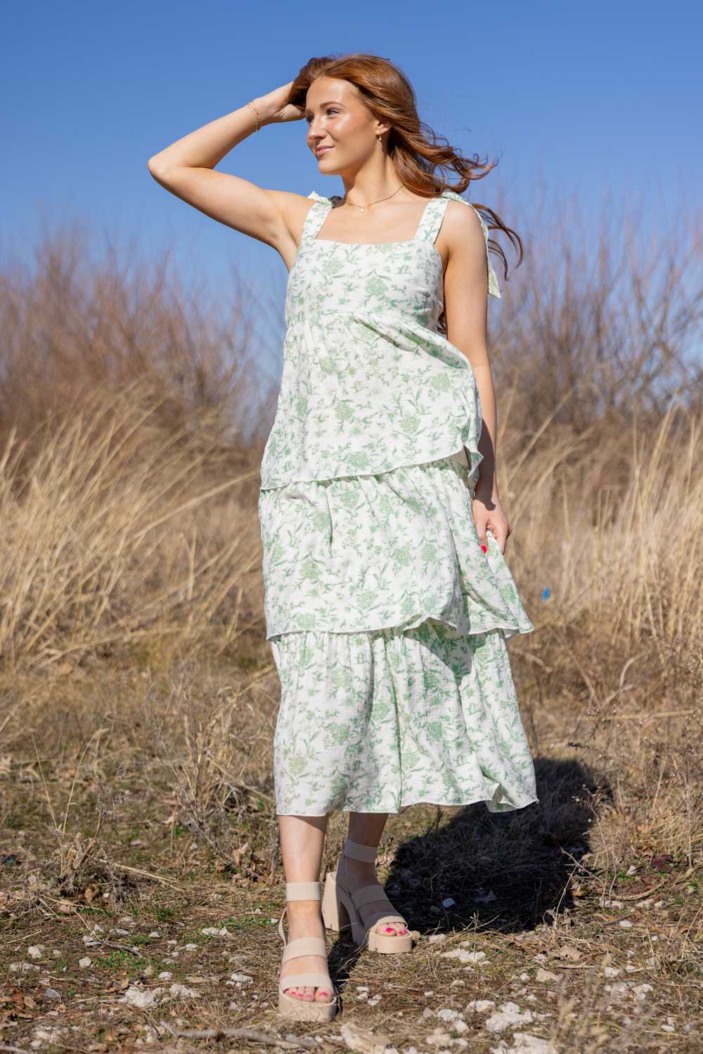 Image of Tiered Floral Maxi Dress for Women in Sage | TB8814-SAGEMULTI