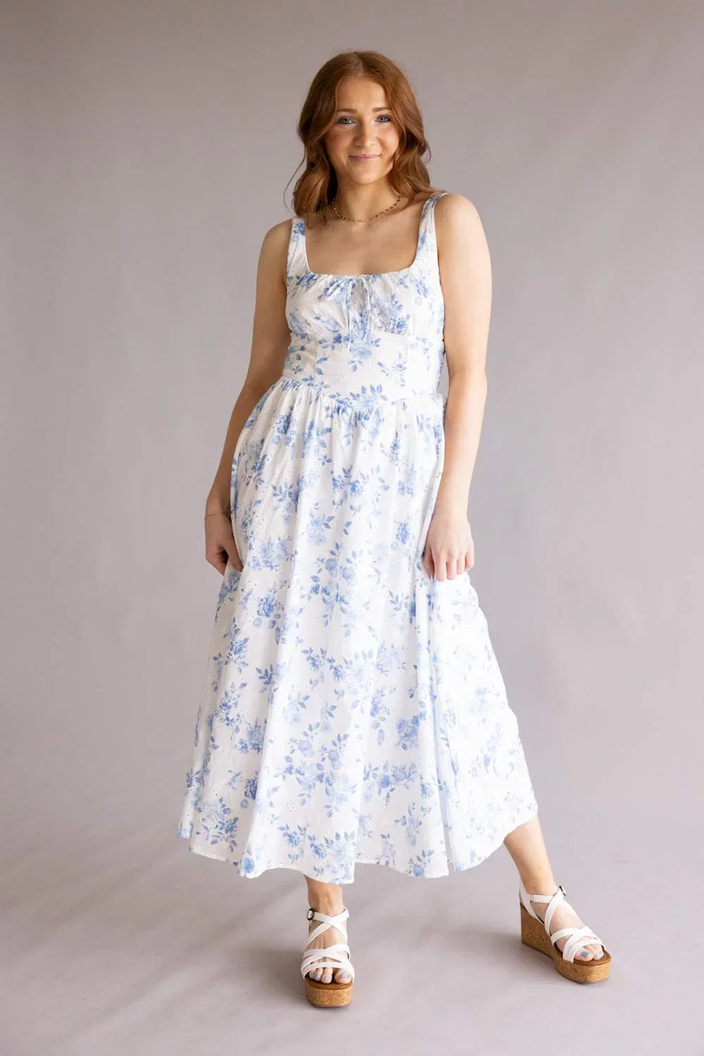 Image of Bow & Floral Maxi Dress for Women in White | CR2825-BLUE