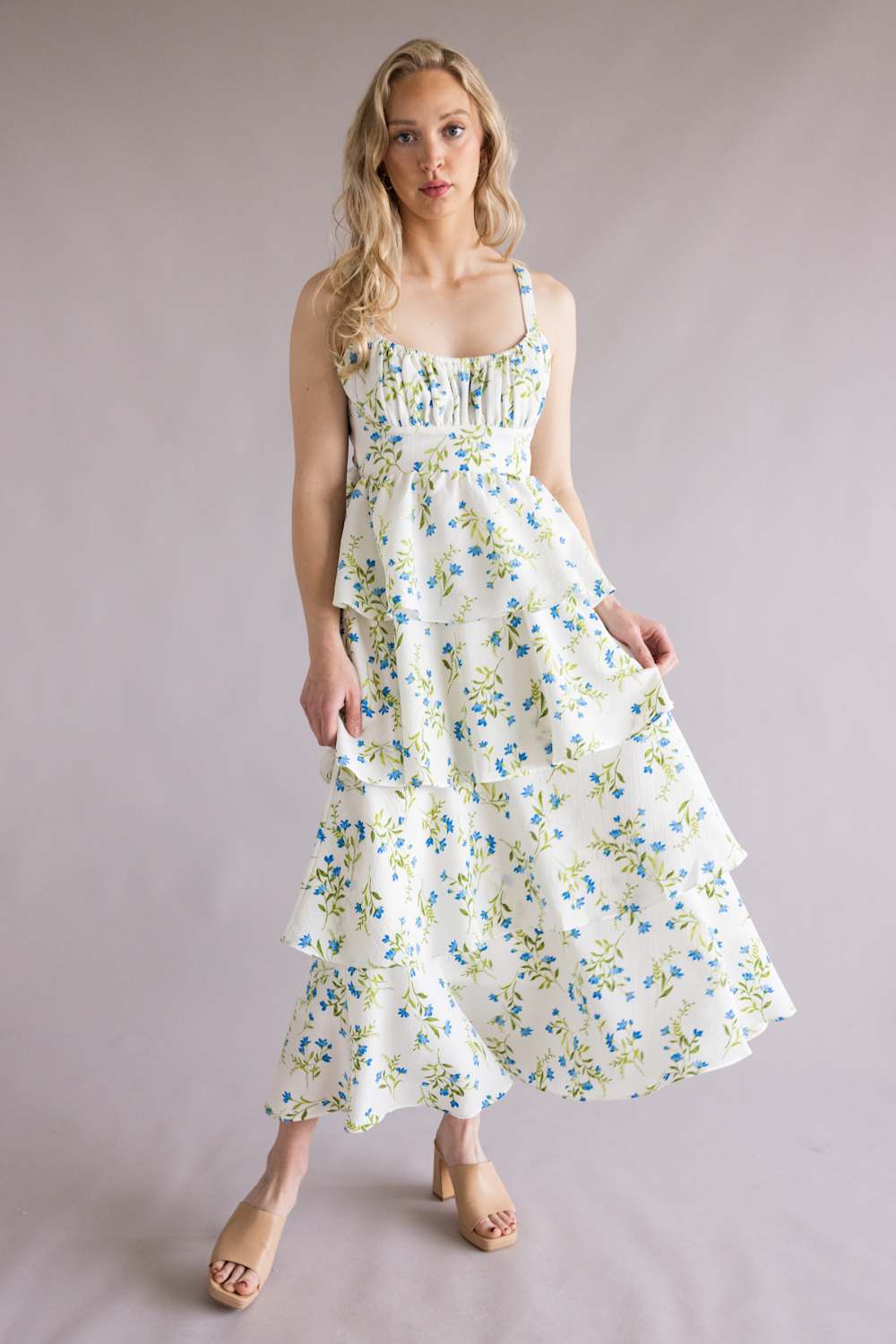 Image of Tiered Tie Back Floral Maxi Dress for Women in White/Blue | CR2885-BLUEMULTI