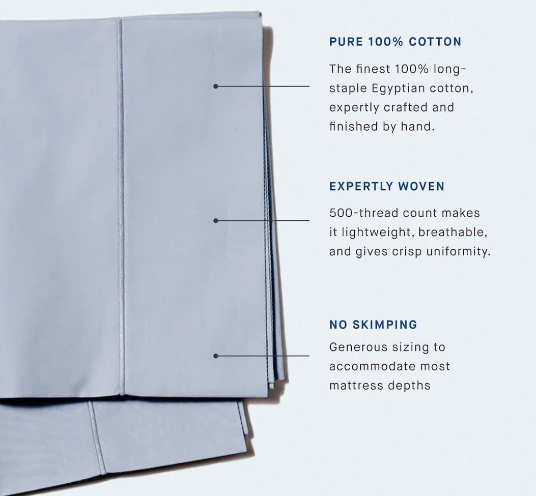 PURE 100% COTTON The finest 100% long-staple Egyptian cotton, expertly crafted and finished by hand. EXPERTLY WOVEN 500-thread count makes it lightweight, breathable, and gives crisp uniformity. NO SKIMPING Generous sizing to accommodate most mattress depths