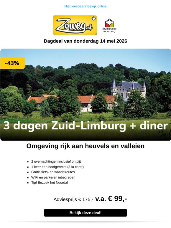 3 dagen Zuid-Limburg + diner v.a. 99,-